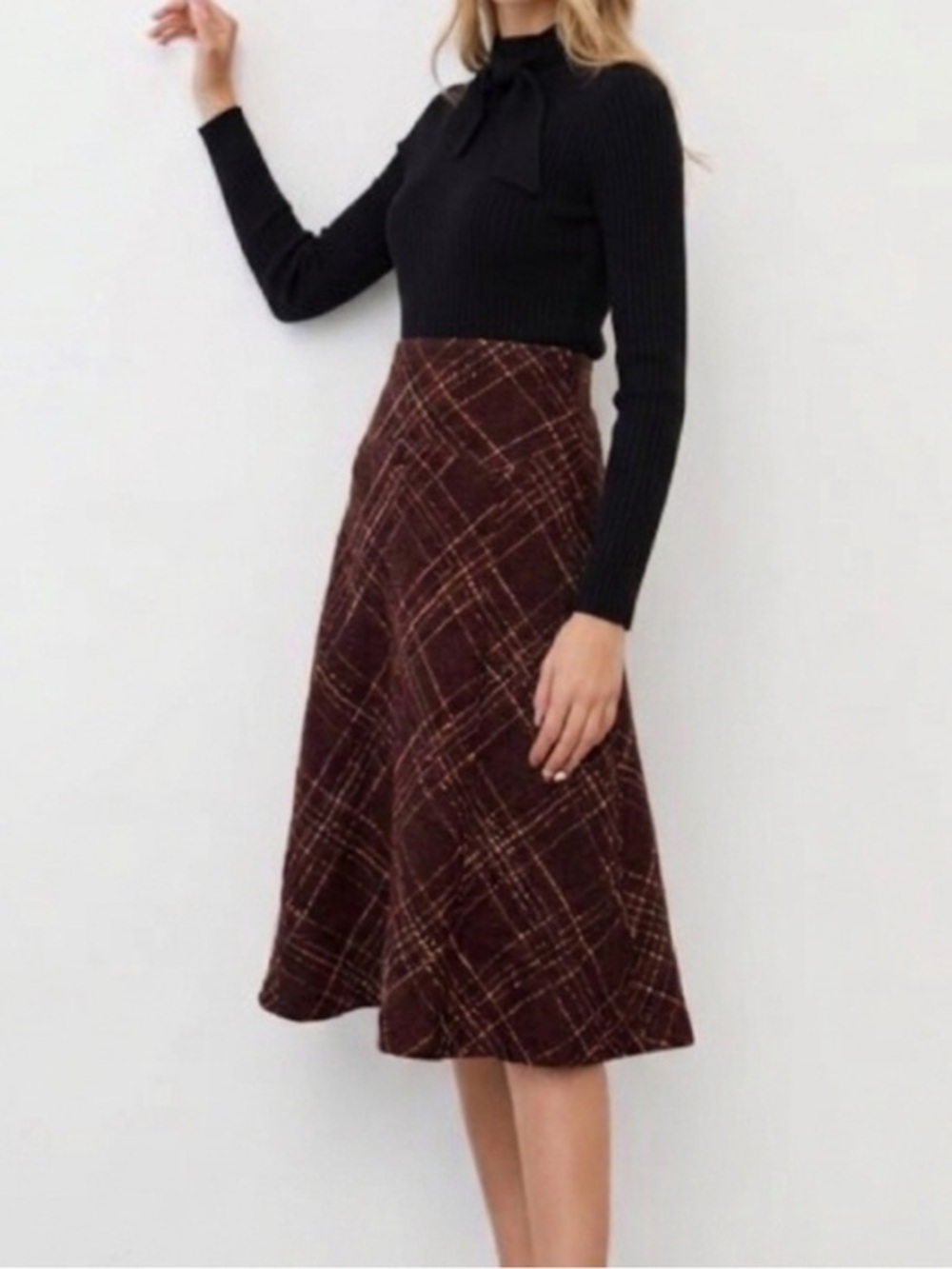 Laura Ashley Wool Blend Plaid A-Line Midi Skirt - US 6 / UK 10